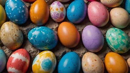 Fototapeta premium Close-up of Brightly Colored Easter Eggs on a Rustic Stone Surface
