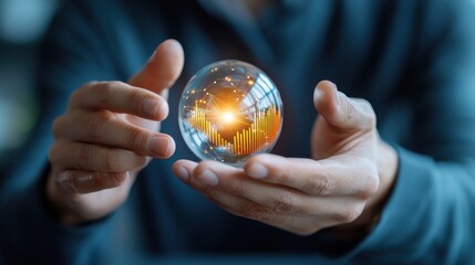 Futuristic financial analytics concept showcasing a glowing crystal ball sphere held in hands representing data visualization global financial forecasting