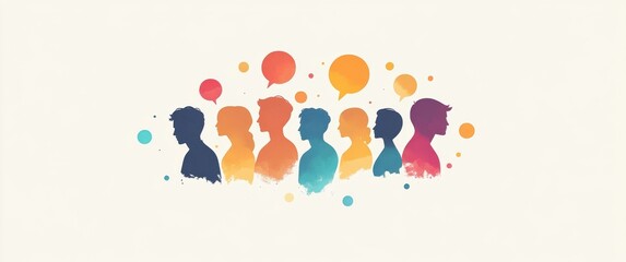 Silhouettes with colorful speech bubbles in a communication themed abstract artwork
