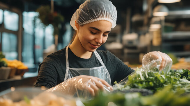 Grocery worker organizing fresh produce local market candid shot indoor environment engaging viewpoint community focus