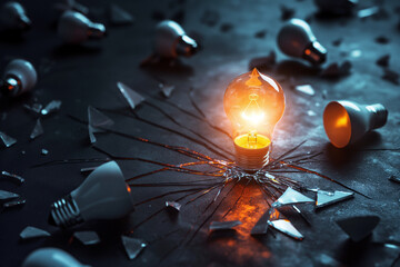 A striking concept image showcasing a collection of broken light bulbs scattered across a dark surface, with one bulb still glowing brightly amidst the shards