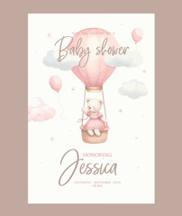 Watercolor baby shower invitation. Greeting card with teddy bear girl on Hot Air Balloon.