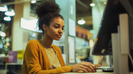 Focused young woman working on computer in modern workspace urban environment professional setting engaged mindset