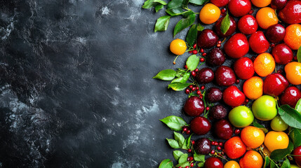 Colorful assortment of fruits including cherries, plums, and small apples, arranged on a dark surface