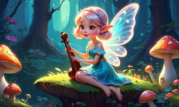 Adorable Fairy Playing Guitar in Enchanted Forest