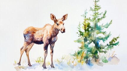 Young moose calf near spruce, wildlife painting