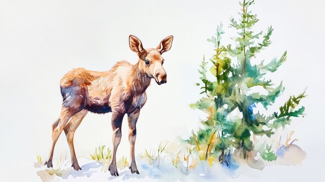 Young moose calf near spruce, wildlife painting