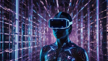 Futuristic gamer wearing VR headset immersed in a digital world with glowing lines. Technology concept.