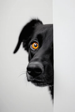 Perro blanco y negro asom&aacute;ndose tras una pared