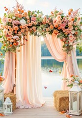 Rustic Country Wedding Altar by Serene Lake Featuring Flowing Fabric, Wildflowers, and Lanterns Surrounded by Hay Bales