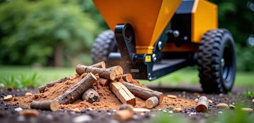 Chipping Machine in Action Disposing of Wooden Logs Outdoors