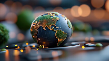 Futuristic rendering of a connected digital world with a glowing illuminated earth like sphere representing a global network data and technological advancements  Abstract concept of modern innovation