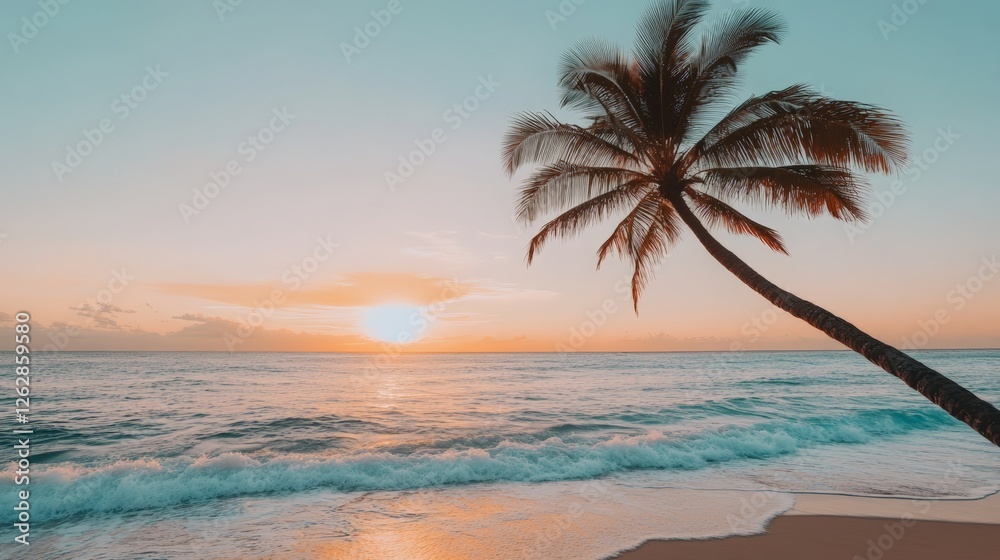 Poster tranquil ocean waves lapping against a sandy beach at sunset, with a leaning palm tree in the foregr