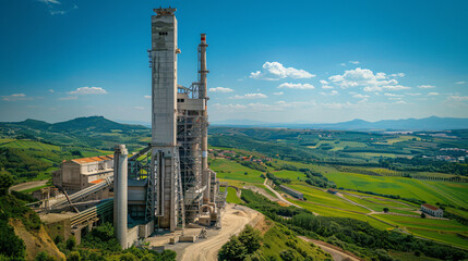 A cement factory standing tall against a bright clear sky and fluffy clouds, with vibrant green landscapes around, evoking a sense of tranquility and peace. 