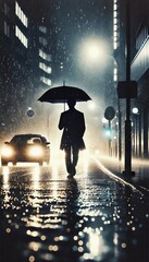 Mysterious Man Walking in the Rainy City Night