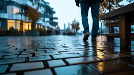 Fototapeta premium A person walking on a wet, reflective brick path in a modern urban setting during twilight