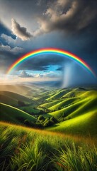 Majestic Rainbow Over Rolling Green Hills