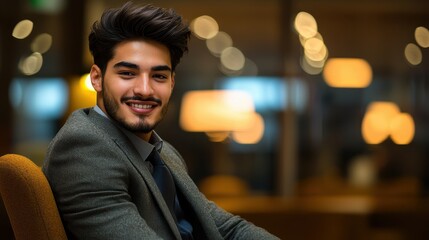 Fototapeta premium Modern Businessman Relaxing in Office with Warm Lighting Background