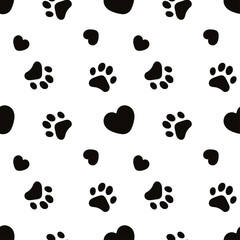 Cat footprint Seamless pattern. Cat paw print seamless pattern. Cat footprint and heart endless pattern. Cat print trail repeating pattern