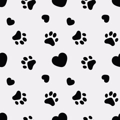 Cat footprint Seamless pattern. Cat paw print seamless pattern. Cat footprint and heart endless pattern. Cat print trail repeating pattern