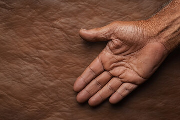 Fototapeta premium close up of human hand resting on textured brown surface, conveying warmth and openness.