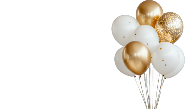 a bunch of balloons with golden and white confetti on a transparent background, PNG image, PNG file, Generative art.