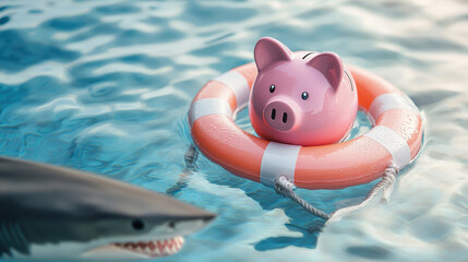 A playful piggy bank floats in water, symbolizing savings and financial security amidst a dramatic shark backdrop. emergency savings.