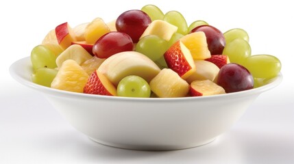 Fresh and Colorful Fruit Salad with Vibrant Apples, Grapes, Pineapple, and Melon in a White Bowl