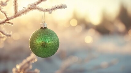Green Christmas Ornament on Snowy Branch at Sunrise