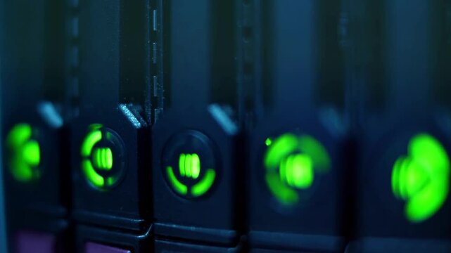 Modern Database Servers Connected to Switch in the Server Room Rack. Hosting Data Center. IT Tech 4K