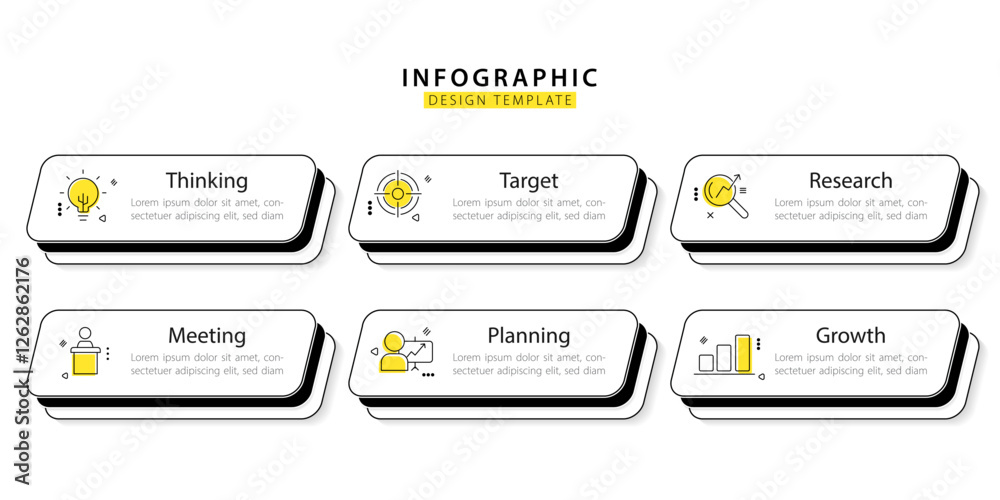 Aufkleber Infographic template. 6 Step timeline journey, Flat simple infographics design template. presentation graph. Business concept with numbers 6 options or steps vector illustration.