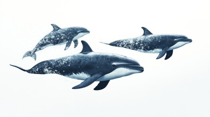 Fototapeta premium Big whales aquatic mammal cretures isolated on white background. Dolphin swimming illustration, whales marine design. Wild nature aquatic animals. 