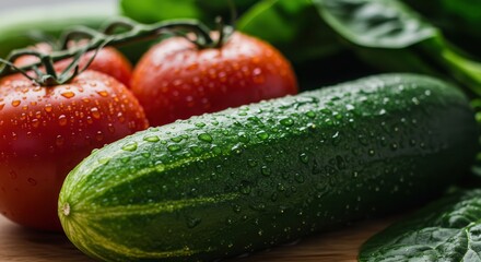 Fresh Cucumber and Tomatoes with Water Droplets, Healthy Food Still Life