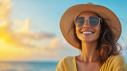 Fototapeta premium joyful woman wearing sunglasses and hat smiles at beach during sunset, radiating happiness and warmth.