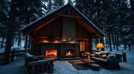 A warm, inviting cabin tucked away in a snowy forest with wooden beams, a stone fireplace, comfortable furnishings, long exposure photography, deep shadows, motion blur, and pure black