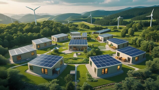 Concept art of a self-sustaining eco-village with modular homes powered by solar energy, surrounded by lush forests and wind turbines. A perfect depiction of green living and renewable energy