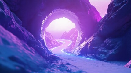 Naklejka premium 3D render, an abstract futuristic background with neon light rays and a tunnel of lights in purple, pink, and blue colors.
