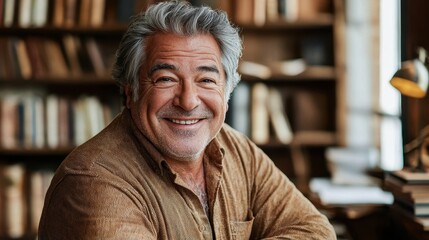 Obraz premium Mature Man with Gray Hair Smiling Warmly in a Cozy Library Setting