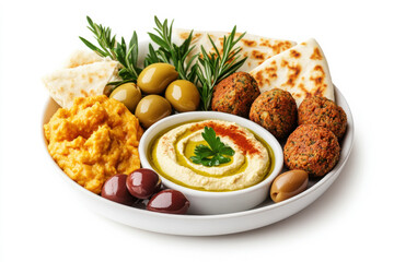 Delicious platter of hummus, falafel, olives, bread, and herbs for a delightful meal. isolated on white background.