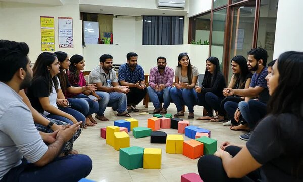 Group of young adults engaged in a team-building activity with colorful blocks in a modern office setting