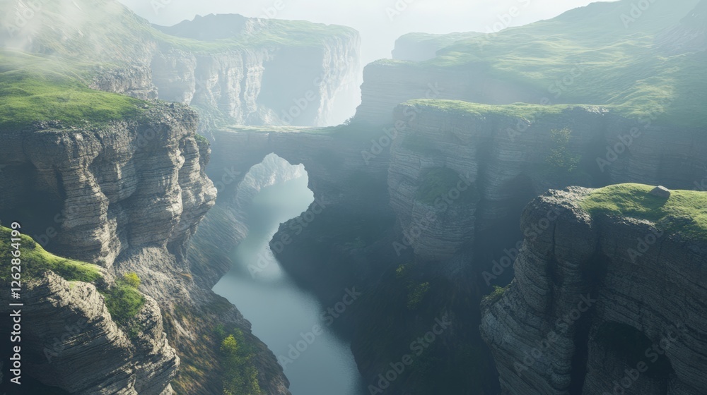 Poster Sunlight filters through the mist, illuminating a natural rock arch that bridges two towering cliffs, with a serene river winding through the deep canyon below, creating a breathtaking landscape