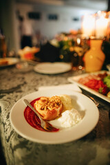 Apple pie and ice cream on a plate, food at a wedding, wedding seder