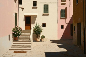 Italian village courtyard, sunlit, steps, flowers, calm scene, painting style, possible use stock photo
