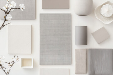 Elegant arrangement of neutral tones and textures with decorative elements and simplicity.