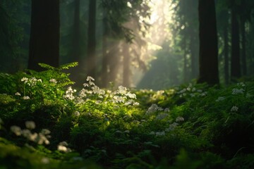 Obraz premium Sunlight streams through misty forest floor wildflowers