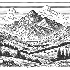 majestic mountain landscape with a dense pine forest in the foreground sketch engraving generative ai fictional character vector illustration. Scratch board imitation. Black and white image.