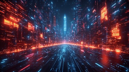 Futuristic digital city street, data flow, vibrant colors, abstract art, potential use in technology and digital design