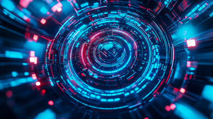 Obraz premium Futuristic Portal: Circular Tech Interface with Glowing Blue and Red Data Streams