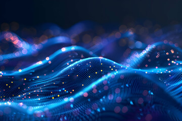 Abstract digital waves with glowing particles in a dark environment, creating a futuristic atmosphere