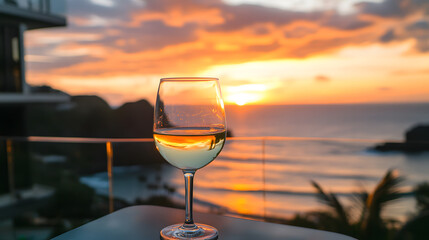 Obraz premium A glass of white wine on the balcony overlooking an ocean sunset 